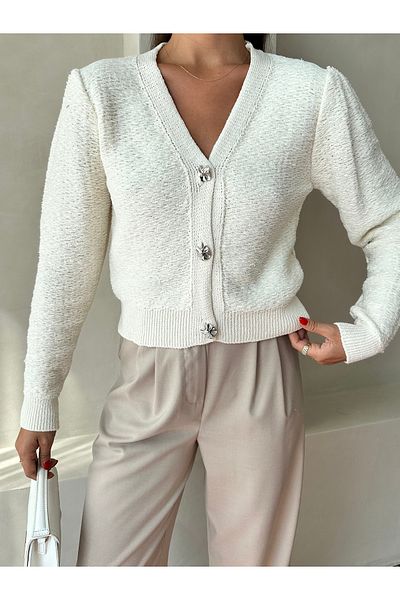 Laluvia Ecrufarbener Cardigan mit unregelmäßigen Blumenknöpfen-4425
