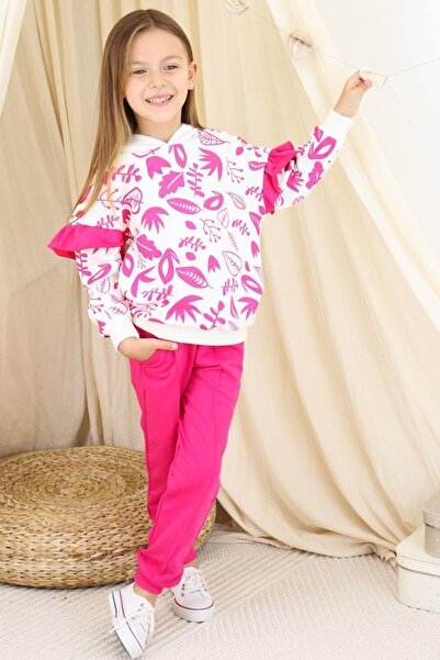 Riccotarz Φούξια αθλητική φόρμα με κουκούλα - Κορίτσι, στάμπα με φύλλα και λεπτομέρεια βολάν