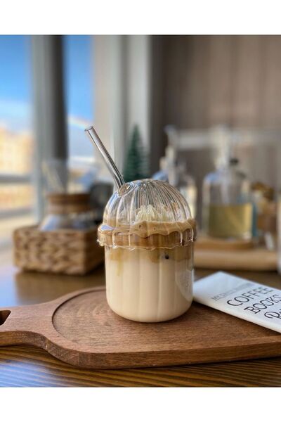 M Mimoza Park 2 Pieces Heat Resistant Pinterest Cup with Glass Oval Lid| Coffee And Presentation Cup| 430ml