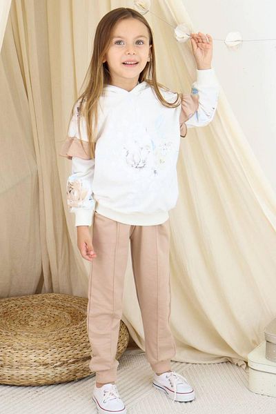 Riccotarz Beige Girl's Tracksuit Set - Ruffle Closure, Rose Flower Printed Hoodie