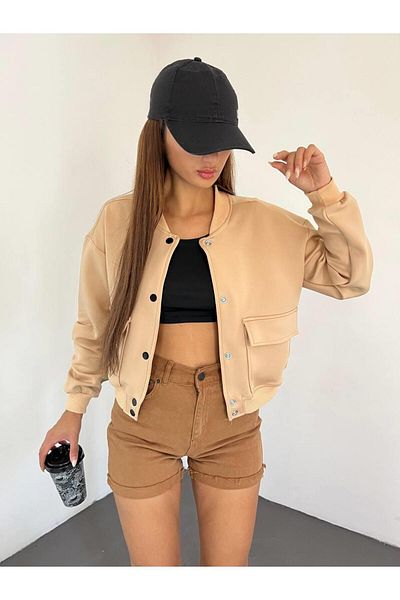 MsLena Butik Γυναικείο μπουφάν Camel Bomber - Crew Neck, ύφασμα κατάδυσης, κλείσιμο με κούμπωμα και λεπτομέρεια τσέπης