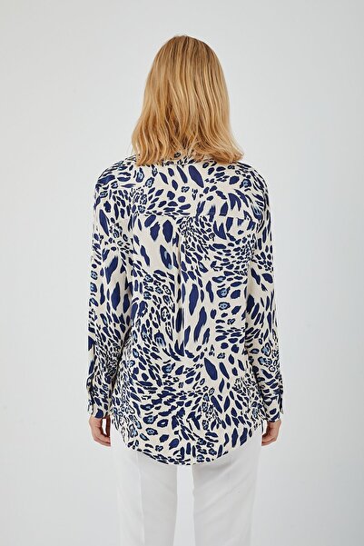 Mixray 4477 Model Women's Satin Shirt - Navy Blue Leopard Pattern
