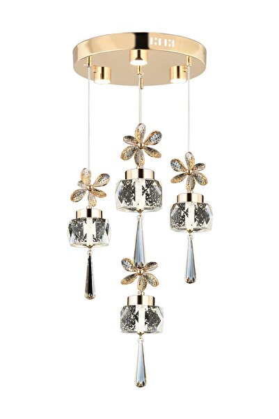 Apliqa Amaris 4'lü Yuvarlak 3 Renkli 52 Watt Gold Kelebek Led Kristal Modern Oturma Odası Salon Avize