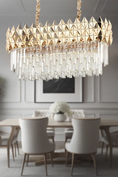 Apliqa Rodya 80'lik Sıralı Gold Kristal Taşlı Modern Yemek Odası Salon Sarkıt Avize