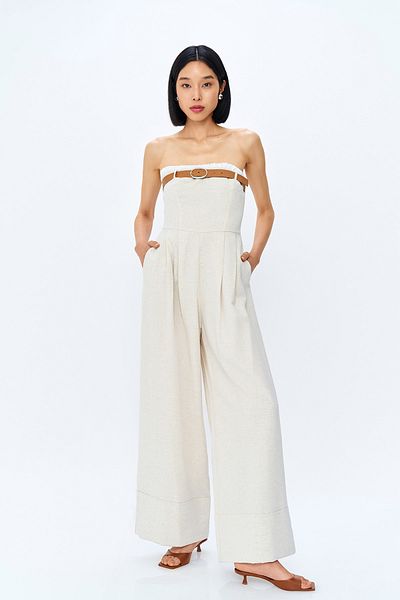 Quzu Strapless Linen Jumpsuit - Wide Leg, Belted, Natural