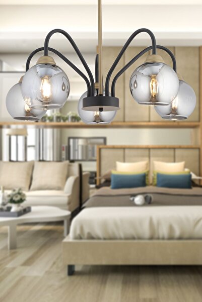 Apliqa Ulrika 5'li Siyah Eskitme Füme Camlı Modern Mutfak Yatak Odası Salon Avize