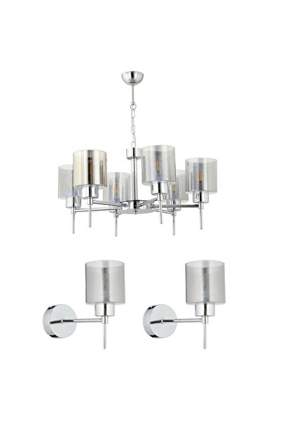 Apliqa Cemre 6'Lı Krom Modern Tasarım Yatak Odası Salon Avize-Aplik Seti 3 Parça Avize-Aplik Seti Seti