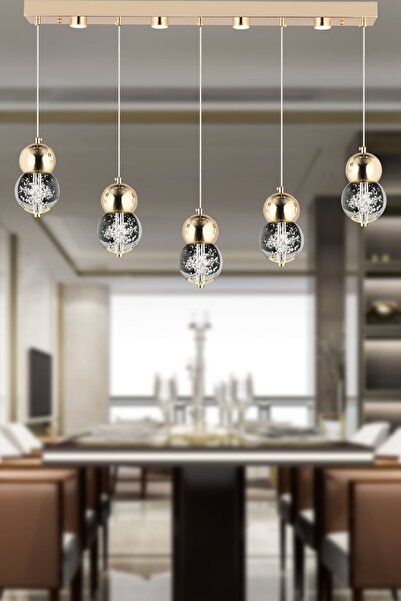 Apliqa Sasha 5'li Sıralı 3 Renkli 57 Watt Gold Kristal Ledli Modern Oturma Odası Salon Sarkıt Avize