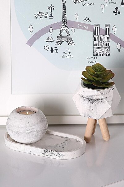 Agon Marble Patterned Decorative Candle Jewelry and Flowerpot Stand Presentation Holder