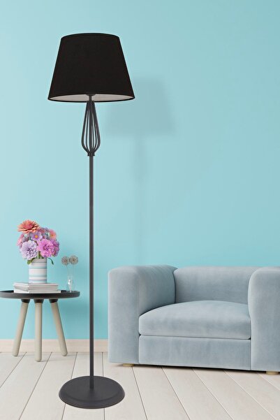 Apliqa Bolivia Siyah Şapkalı Siyah Modern Tasarım Ayaklı Abajur Lamba Metal Lambader