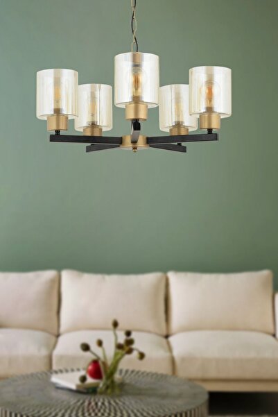 Apliqa Jade 5 Li Avize Eskitme Siyah Boyalı Bal Camlı Modern Genç Odası Yatak Odası Retro Salon Avize