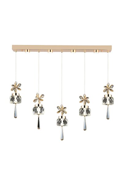 Apliqa Amaris 5'li Sıralı 3 Renkli 70 Watt Gold Kelebek Kristal Ledli Modern Oturma Odası Salon Avize