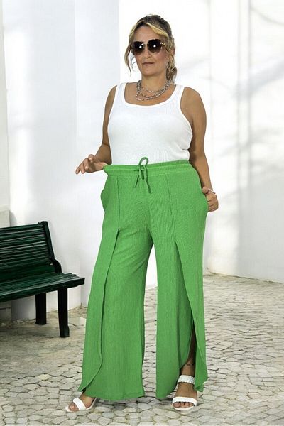 yagmurberen Plus Size - Wrapped Cotton Fabric Trousers with Wings and Slits and Elastic Waist