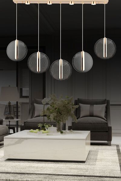 Apliqa Dustin 5'li Sıralı 3 Renk 75 Watt Gold Kristal Ledli Modern Oturma Odası Salon Sarkıt Avize