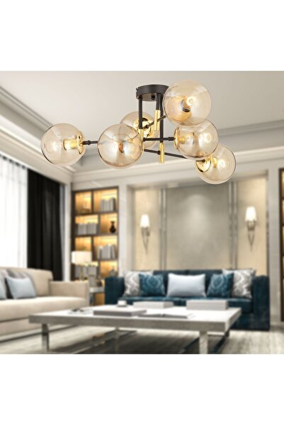 Apliqa Maral 6Lı Siyah Gold  Bal Camlı Modern Genç Odası Yatak Odası Retro Salon Avize