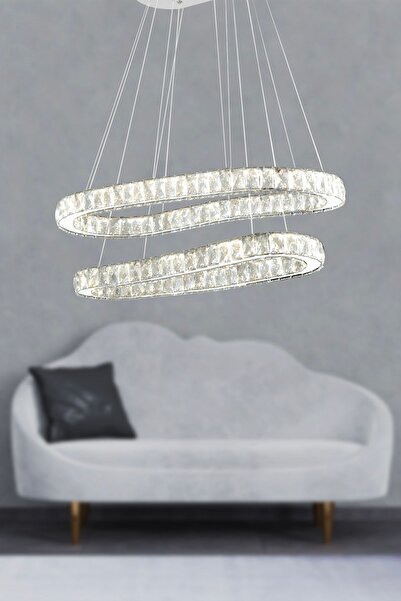 Apliqa Valeria 2 Katlı Krom Ledli 3 Renkli Sarkıt Kristalli Taşlı Modern Tasarım Led  Kristal Salon Avize