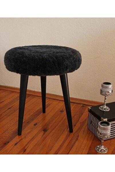 Neta Trade Neta Home Ahşap Ayak Dekoratif Antrasit Siyah Pelüş Puf Tabure Ben...