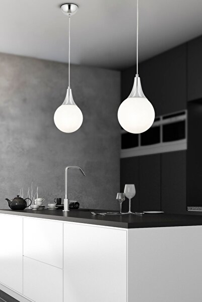 Apliqa Damla Tekli Krom Beyaz Camlı 2Li Modern Sarkıt Mutfak Salon Avize Seti