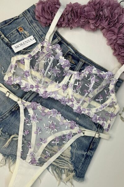 Morensa Set sutien alb cu sârmă mov cu modele florale