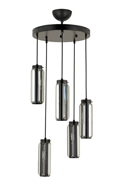 Apliqa Natali 5 Li Yuvarlak Siyah Modern Kristalli, Taşlı Modern Tasarım Kristal Salon Sarkıt Avize