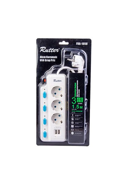RUTTER Current Protected 3-Plug Socket Double USB 5 Switch 1.5m Fra-105u