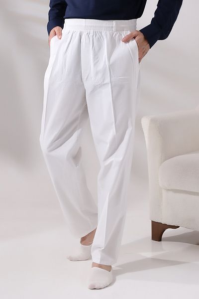 ihvanonline Men's White Relaxed Cut Elastic Waist Linen Hajj and Umrah Shalwar Pants