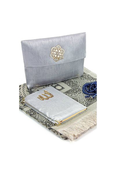 İhvan Gray Color Prayer Rug Set - Slub Covered Yasin and Rosary