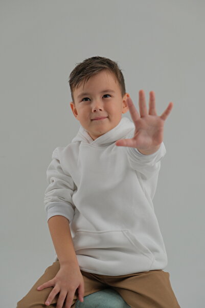 CALEMORE Hanorac alb unisex pentru copii cu glugă și buzunare