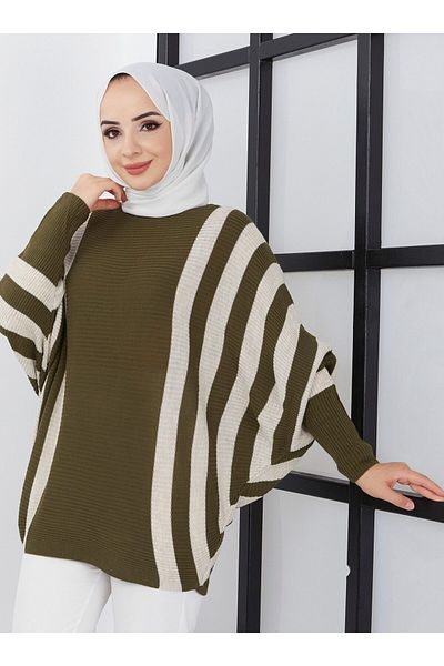 SAHRA BUTİK Khaki Colored Vertical Striped Bat Knitwear Tunic - Sahra Butik