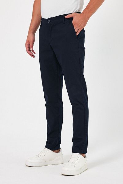 TheSeason Men's Navy Blue Gabardine Cotton Slim Fit Stretch Chino Trousers