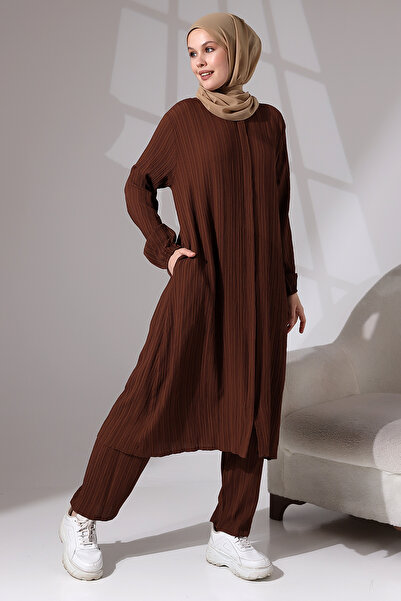 ihvan online Γυναικείο ύφασμα με κρυφό φερμουάρ Διπλό Σετ Hajj Umrah Στολή Καφέ