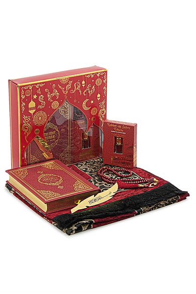ihvanonline Quran with English Meal and Medina Line and Prayer Rug Set Red