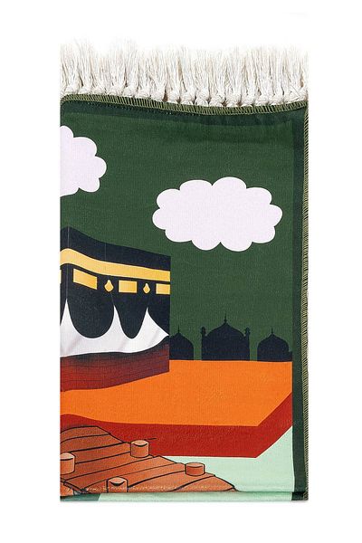 ihvanonline Digital Printed Children's Prayer Rug - Green Color with Kayaklı Kabeli - 44 X 78 Cm