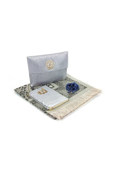 İhvan Gray Color Prayer Rug Set - Slub Covered Yasin and Rosary