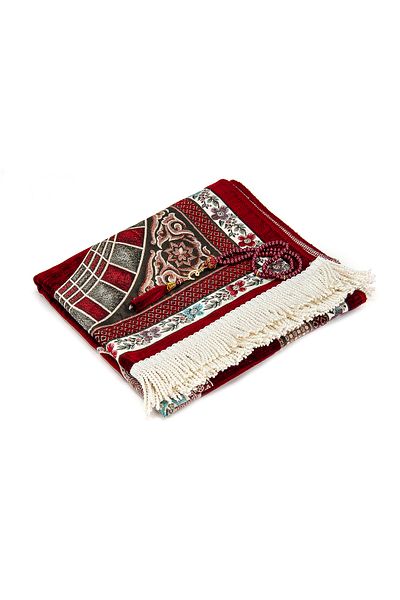 İhvan سجادة صلاة من الشنيل بتصميم توليب مع حزام عثماني مميز باللون العنابي
