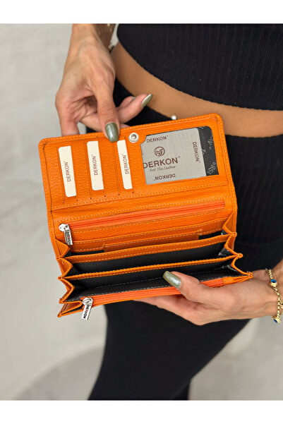 DERKON Genuine Leather Orange Women's Wallet with Lots of Eyes