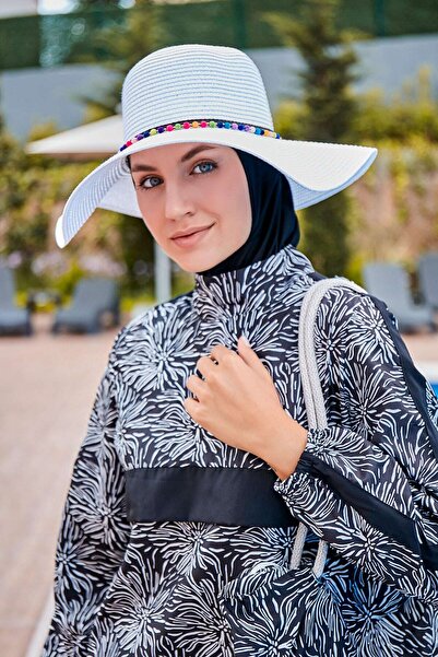 Marina Φαρδύ Ψάθινο άσπρο καπέλο με ρίγα Pompom 1423216