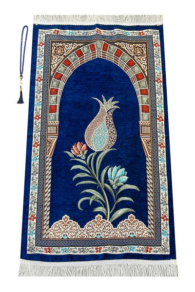 İhvan سجادة صلاة من الشنيل بتصميم حزام عثماني مزين بتصميم توليب باللون الأزرق الداكن