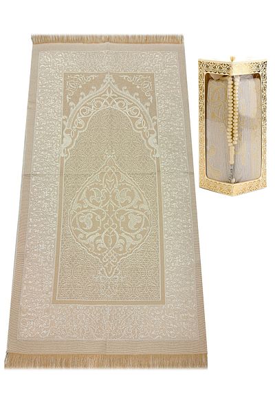 İhvan Special Gift Boxed Prayer Rug with Prayer Beads Set Cream