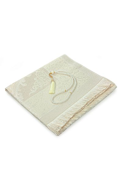 ihvanonline Dowry Prayer Rug Set with Gift Box and Pearl Prayer Beads Suitable for Bride and Groom Bundle Cream