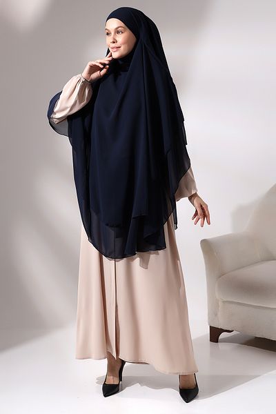 ihvanonline Navy Blue Three Layer Veiled Long Chiffon Hijab Souffle Scarf