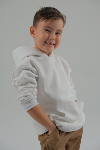 CALEMORE Hanorac alb unisex pentru copii cu glugă și buzunare