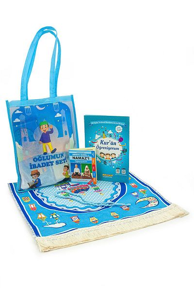 ihvanonline Blue Children's Worship Set - Quran Course Elif Ba Book, Prayer Rug with Bag