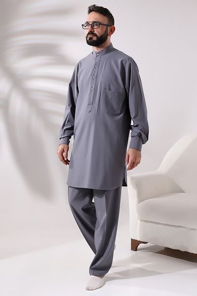ihvanonline Men's Gray Viscose Afghan Suit - Berat Hajj and Umrah Dress Double
