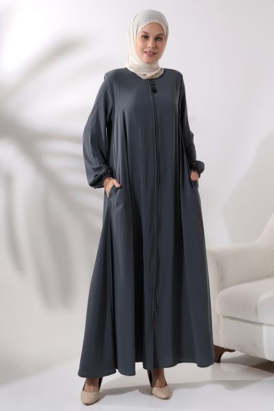 ihvanonline Ανθρακί φερμουάρ Ελαστική λαβή Medina Silk Mevlana Model Hijab Ferace