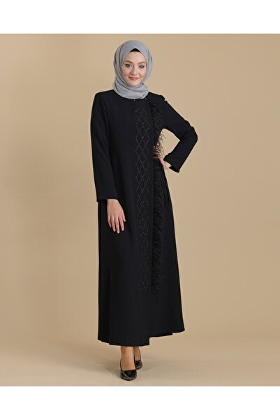 ihvan online Black Zippered Double Breasted Jewelled Feather Hijab Ferace