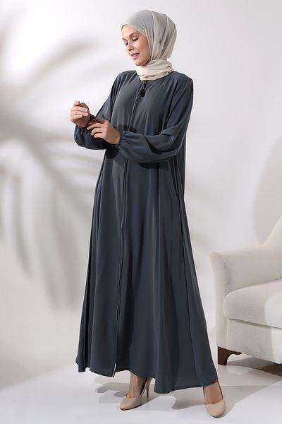 ihvanonline Ανθρακί φερμουάρ Ελαστική λαβή Medina Silk Mevlana Model Hijab Ferace