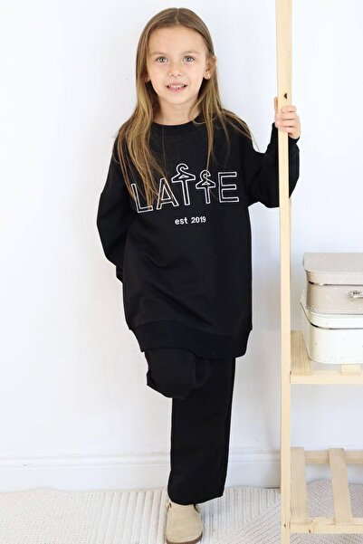 Riccotarz Latte Printed Wide Leg Sweater and Black Tracksuit Set - Girl