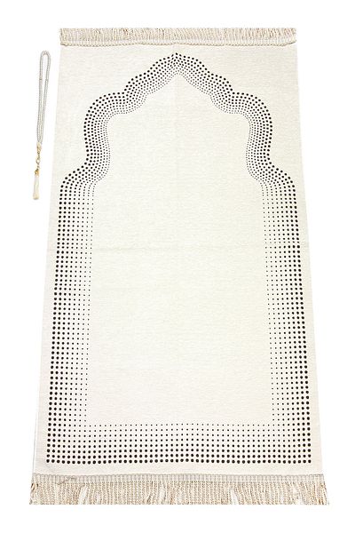 İhvan Mihrab Patterned Plain Chenille Prayer Rug Cream