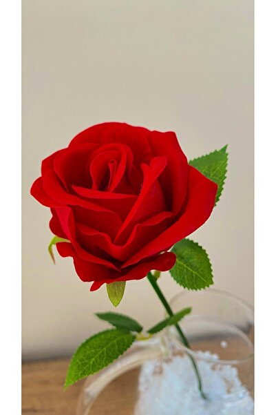 NAHAMİS TRADE Yapay Kadife 1 Adet Kırmızı Gül 40cm Cansız Tek Dal Yapraklı Çiçek